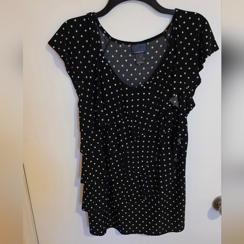 Motherhood Maternity Blouse Large Layered Ruffle Polka Dots Black White Party